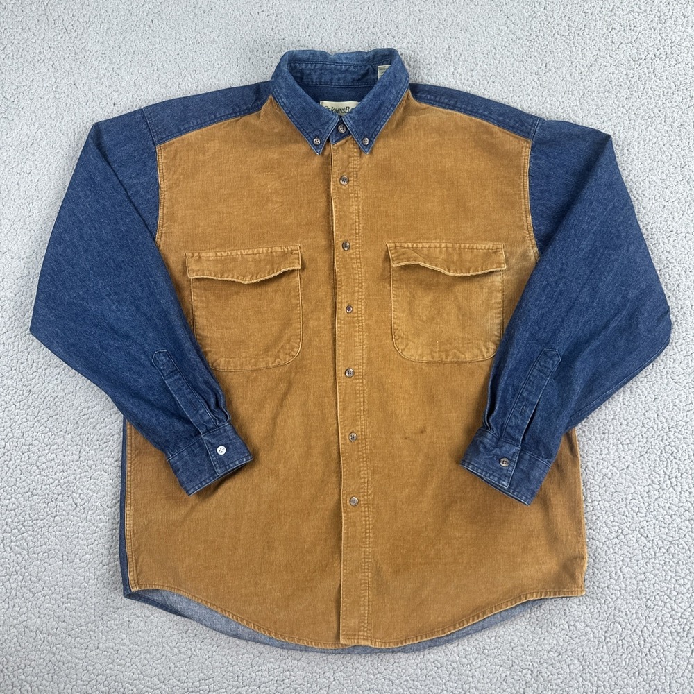 VTG 90's St John's Bay Corduroy Denim Button-Up Shirt Men Large Blue Color Block